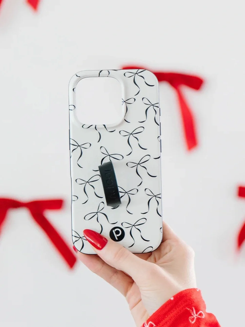 Loopy White Phone Case with Black Ribbon Bow Pattern and Black Grip 15 pro max